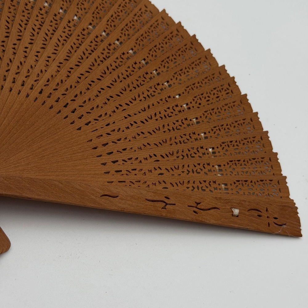 Vintage Brown Pierced Wood Folding Hand Fan with Yellow Tassel 8 Inch